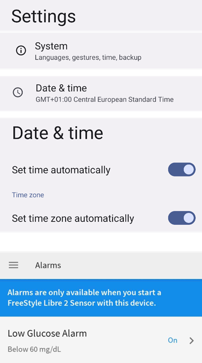 automatic time and time zone + alarm settings